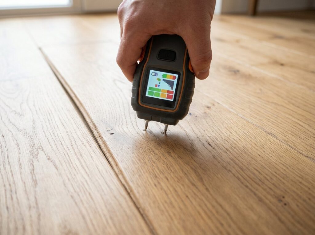 Pin moisture meter pressed into a cupped oak floorboard to check moisture after a leak