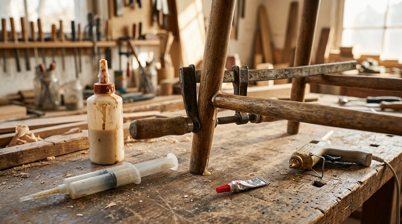 Chair rung clamped with wood glue on a workbench surrounded by epoxy, super glue and a hot glue gun