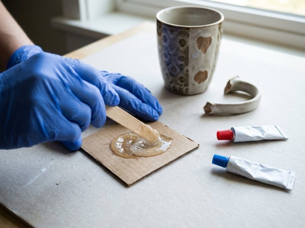 Gloved hands mixing two-part epoxy beside a broken ceramic mug handle on a work surface