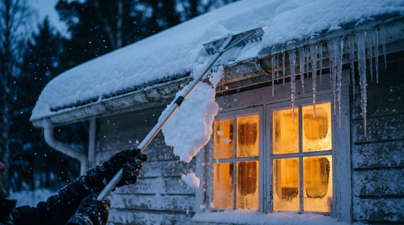 Gloved hand using a roof rake to pull snow off a roof edge lined with icicles at dusk