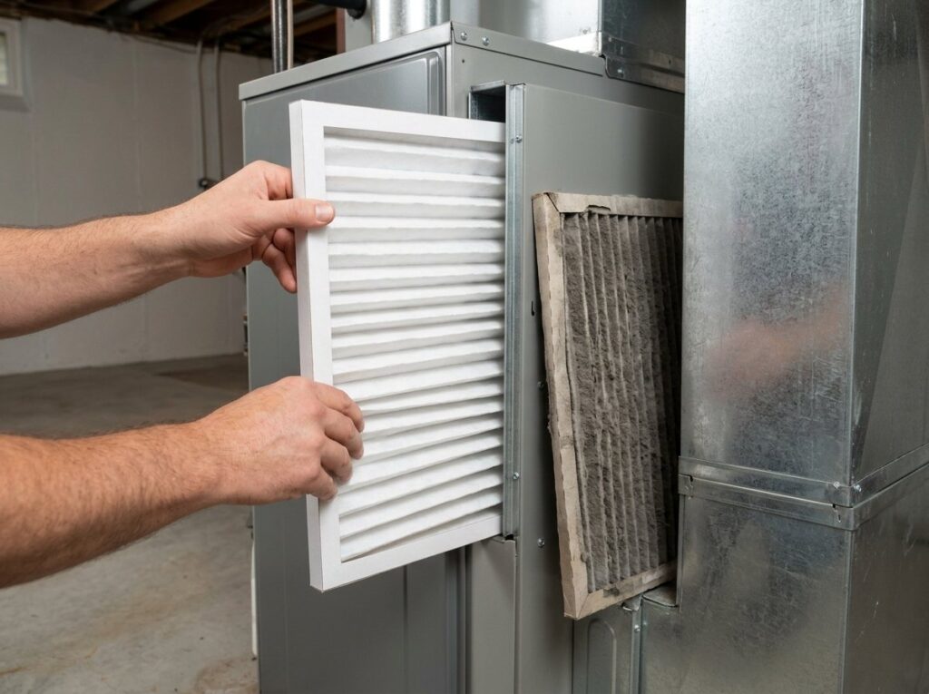 Hands installing a clean furnace filter next to a dirty used filter in a basement furnace